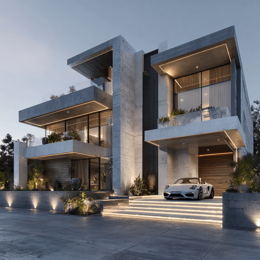 Custom home exterior with landscaped yard